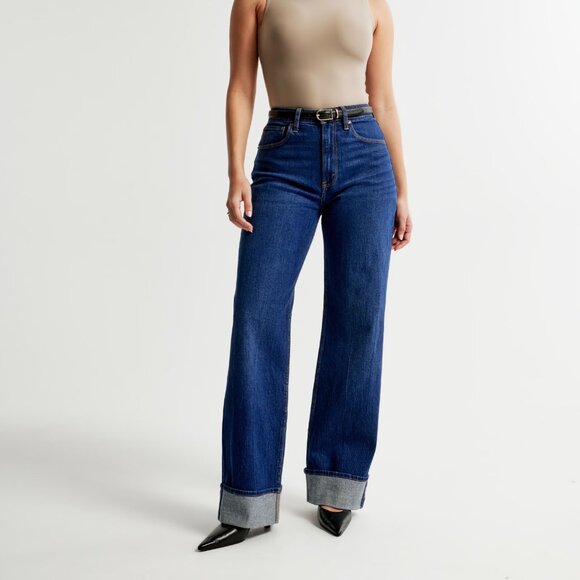 Abercrombie Curve Love High Rise 90s Relaxed Jean - 33L Dark Wash with Cuff - Picture 1 of 7